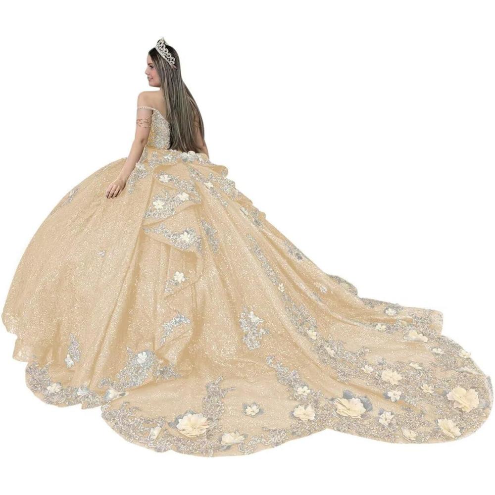 imageYoujiayi Gold Appliques Quinceanera Dresses with Train Spaghetti Strap Lace Sweet 16 Dresses Layered Ruffles Beaded Ball GownChampagne