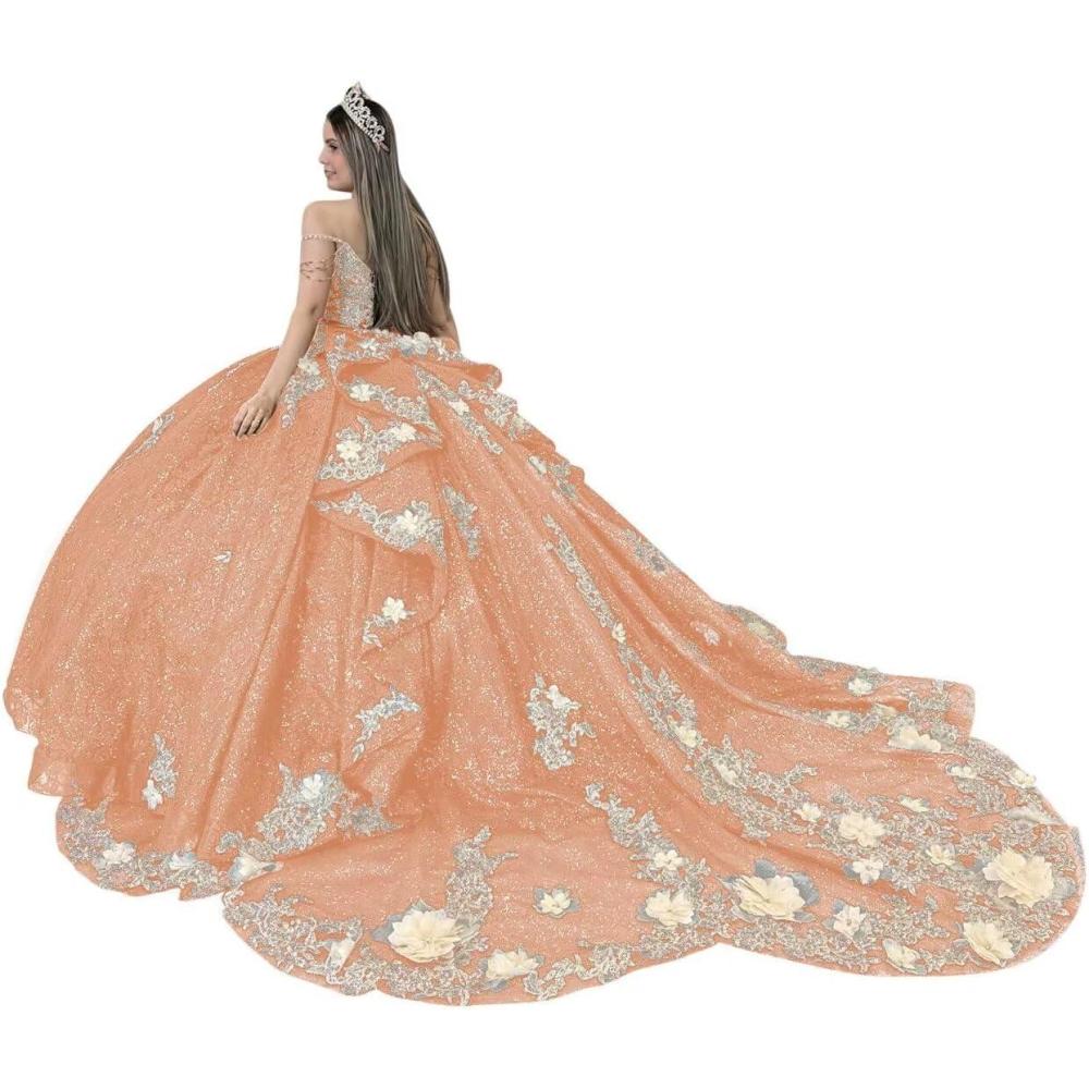 imageYoujiayi Gold Appliques Quinceanera Dresses with Train Spaghetti Strap Lace Sweet 16 Dresses Layered Ruffles Beaded Ball GownCoral