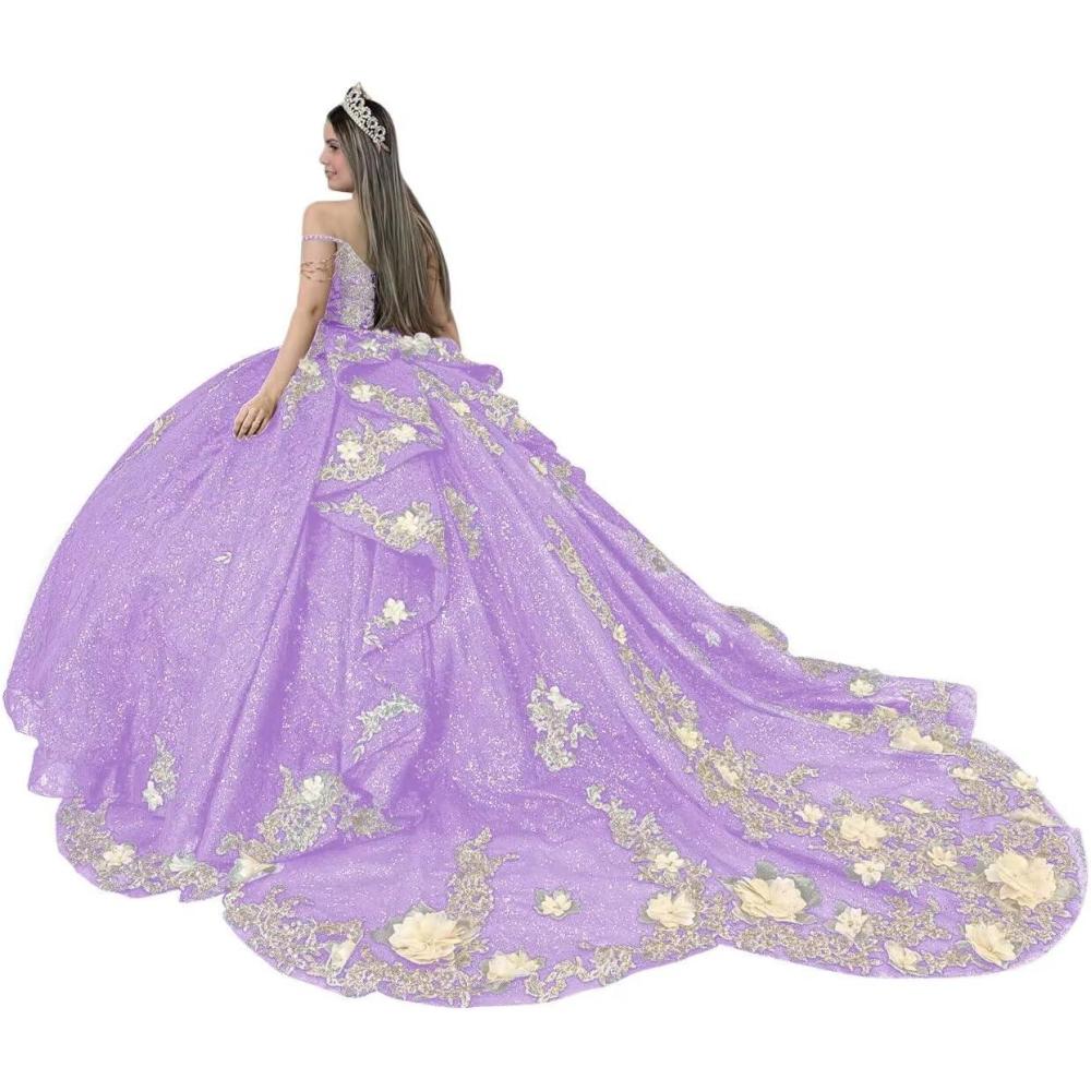 imageYoujiayi Gold Appliques Quinceanera Dresses with Train Spaghetti Strap Lace Sweet 16 Dresses Layered Ruffles Beaded Ball GownDark Lilac