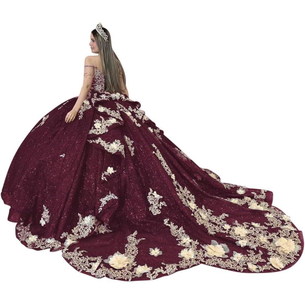 imageYoujiayi Gold Appliques Quinceanera Dresses with Train Spaghetti Strap Lace Sweet 16 Dresses Layered Ruffles Beaded Ball GownDeep Burgundy