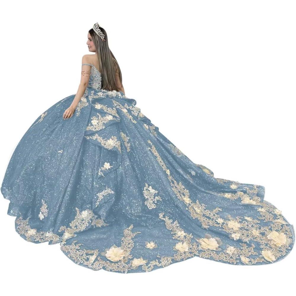 imageYoujiayi Gold Appliques Quinceanera Dresses with Train Spaghetti Strap Lace Sweet 16 Dresses Layered Ruffles Beaded Ball GownDusty Blue