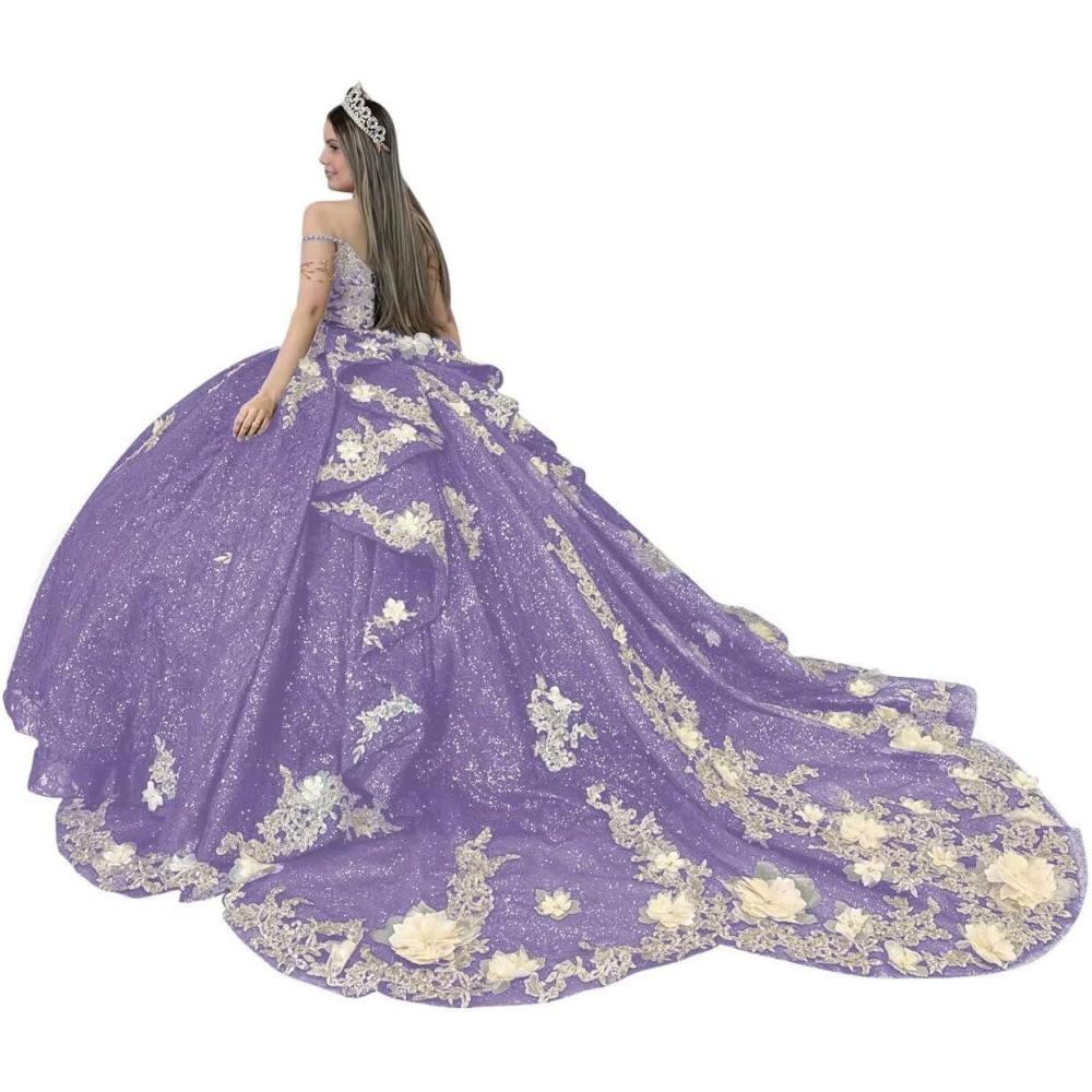 imageYoujiayi Gold Appliques Quinceanera Dresses with Train Spaghetti Strap Lace Sweet 16 Dresses Layered Ruffles Beaded Ball GownDusty Purple