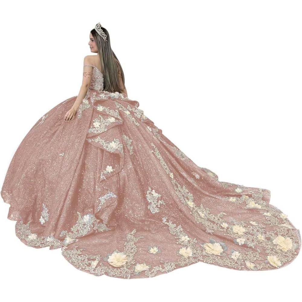 imageYoujiayi Gold Appliques Quinceanera Dresses with Train Spaghetti Strap Lace Sweet 16 Dresses Layered Ruffles Beaded Ball GownDusty Rose