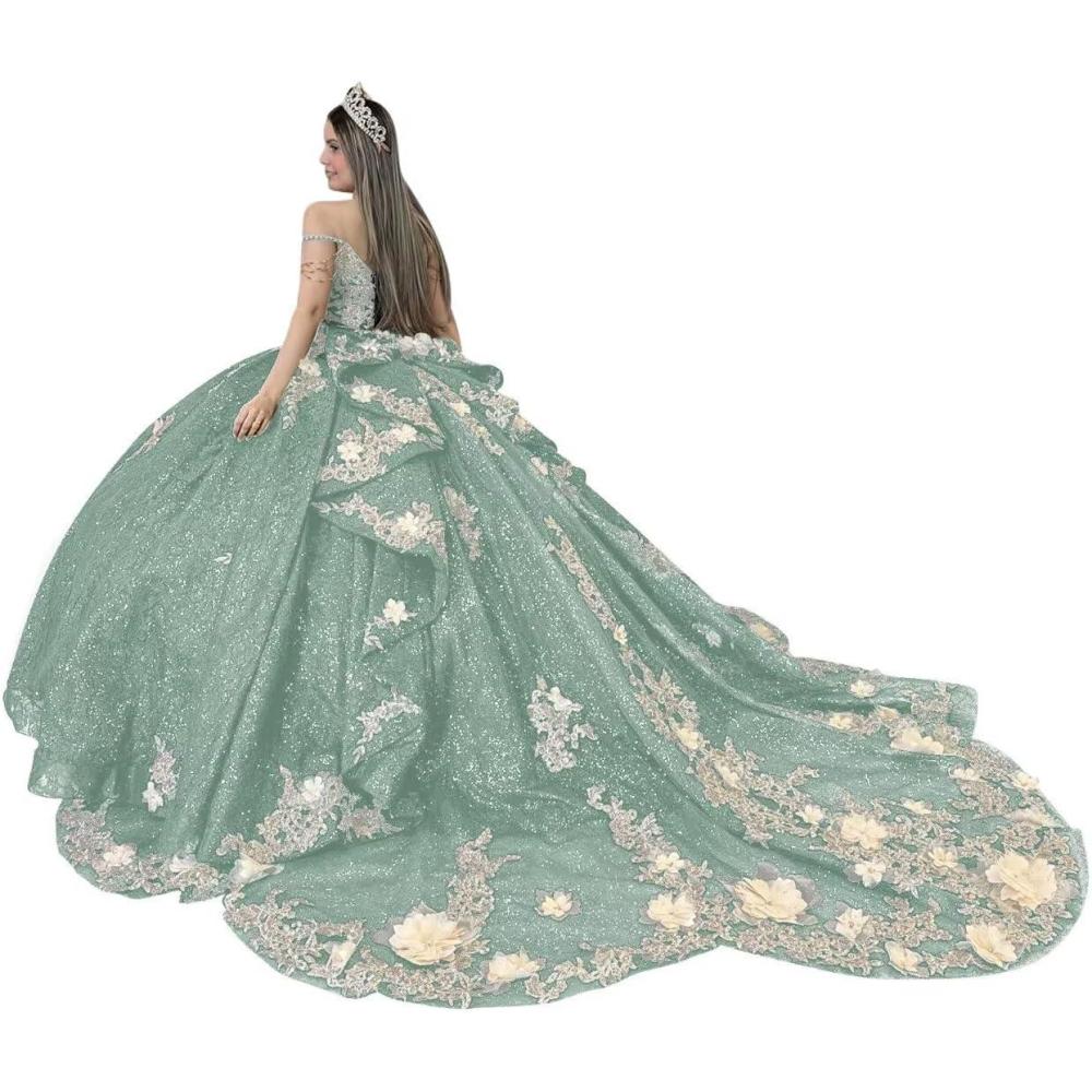imageYoujiayi Gold Appliques Quinceanera Dresses with Train Spaghetti Strap Lace Sweet 16 Dresses Layered Ruffles Beaded Ball GownDusty Sage