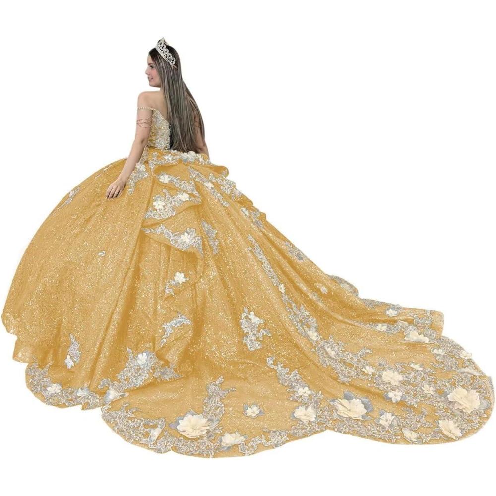 imageYoujiayi Gold Appliques Quinceanera Dresses with Train Spaghetti Strap Lace Sweet 16 Dresses Layered Ruffles Beaded Ball GownGold