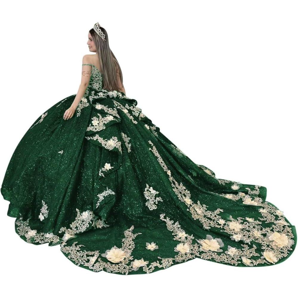 imageYoujiayi Gold Appliques Quinceanera Dresses with Train Spaghetti Strap Lace Sweet 16 Dresses Layered Ruffles Beaded Ball GownGreen