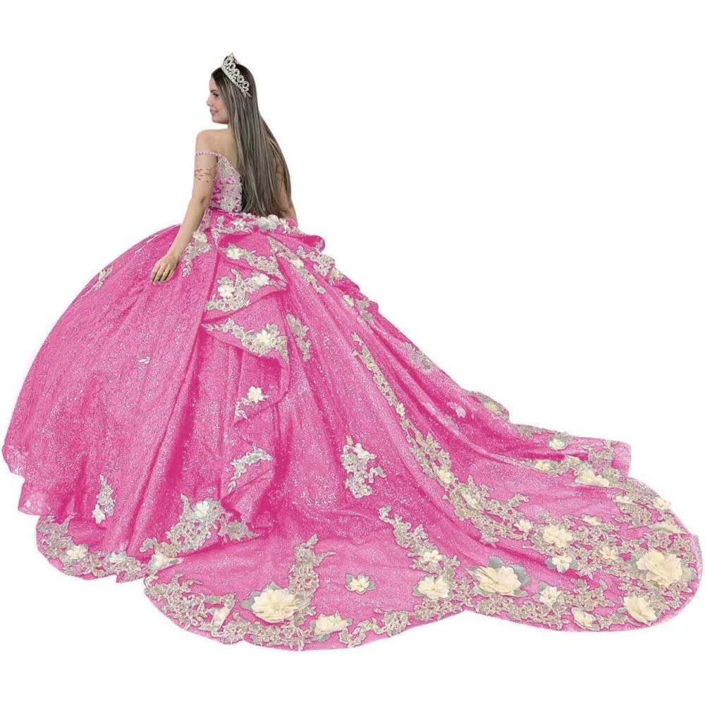 imageYoujiayi Gold Appliques Quinceanera Dresses with Train Spaghetti Strap Lace Sweet 16 Dresses Layered Ruffles Beaded Ball GownHot Pink