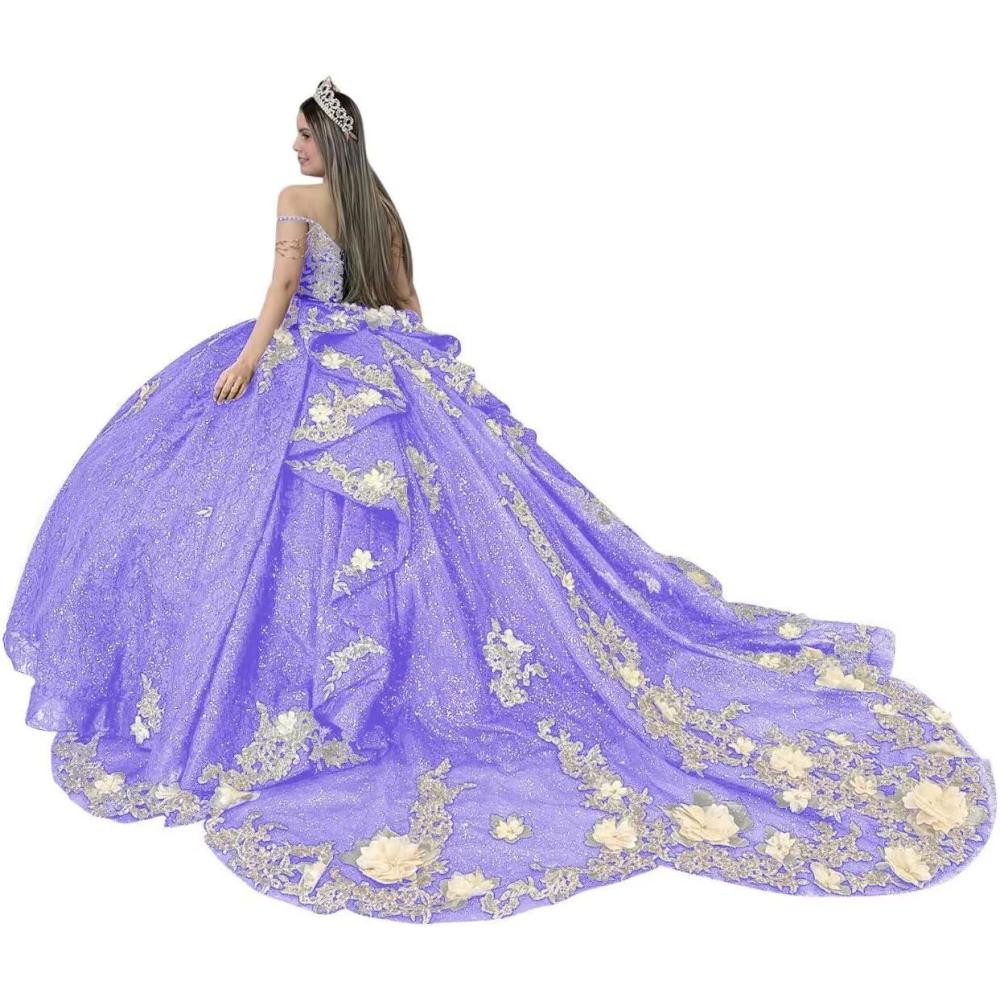 imageYoujiayi Gold Appliques Quinceanera Dresses with Train Spaghetti Strap Lace Sweet 16 Dresses Layered Ruffles Beaded Ball GownLavender