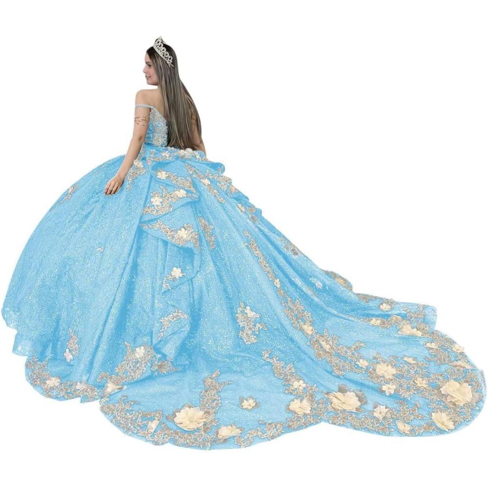 imageYoujiayi Gold Appliques Quinceanera Dresses with Train Spaghetti Strap Lace Sweet 16 Dresses Layered Ruffles Beaded Ball GownLight Blue