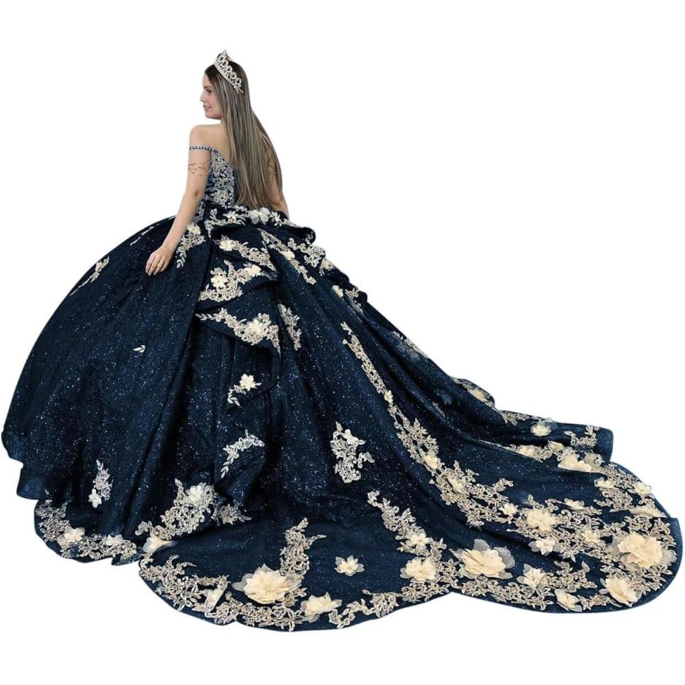 imageYoujiayi Gold Appliques Quinceanera Dresses with Train Spaghetti Strap Lace Sweet 16 Dresses Layered Ruffles Beaded Ball GownNavy
