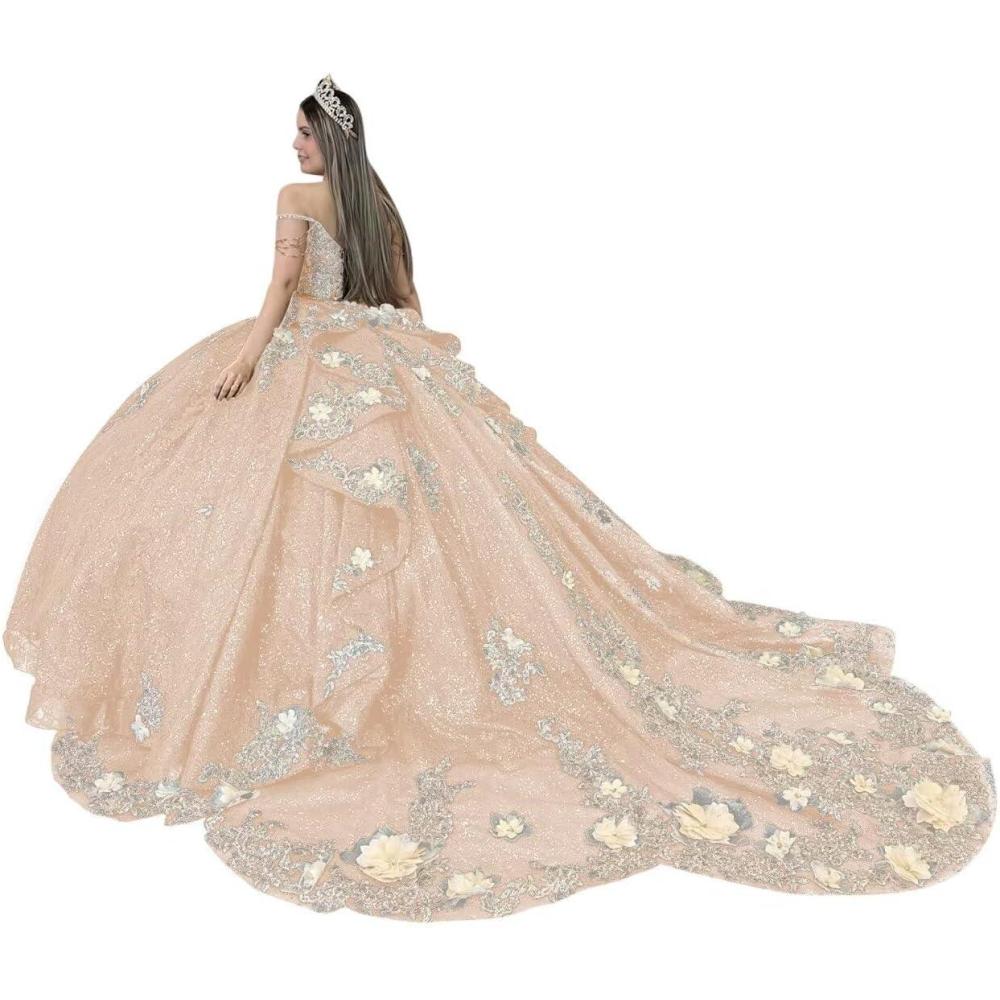 imageYoujiayi Gold Appliques Quinceanera Dresses with Train Spaghetti Strap Lace Sweet 16 Dresses Layered Ruffles Beaded Ball GownPeach