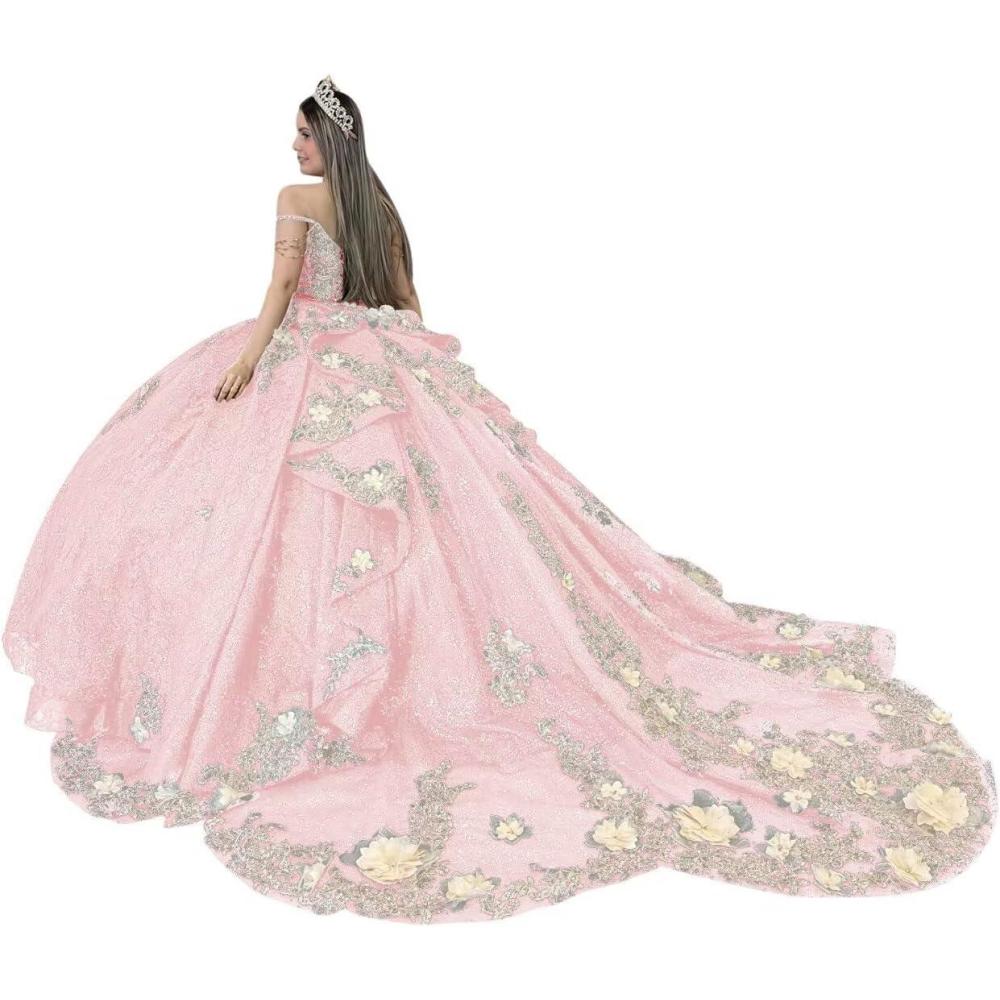 imageYoujiayi Gold Appliques Quinceanera Dresses with Train Spaghetti Strap Lace Sweet 16 Dresses Layered Ruffles Beaded Ball GownPink
