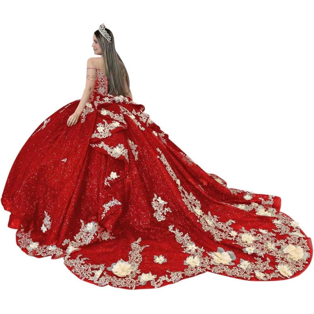 imageYoujiayi Gold Appliques Quinceanera Dresses with Train Spaghetti Strap Lace Sweet 16 Dresses Layered Ruffles Beaded Ball GownRed
