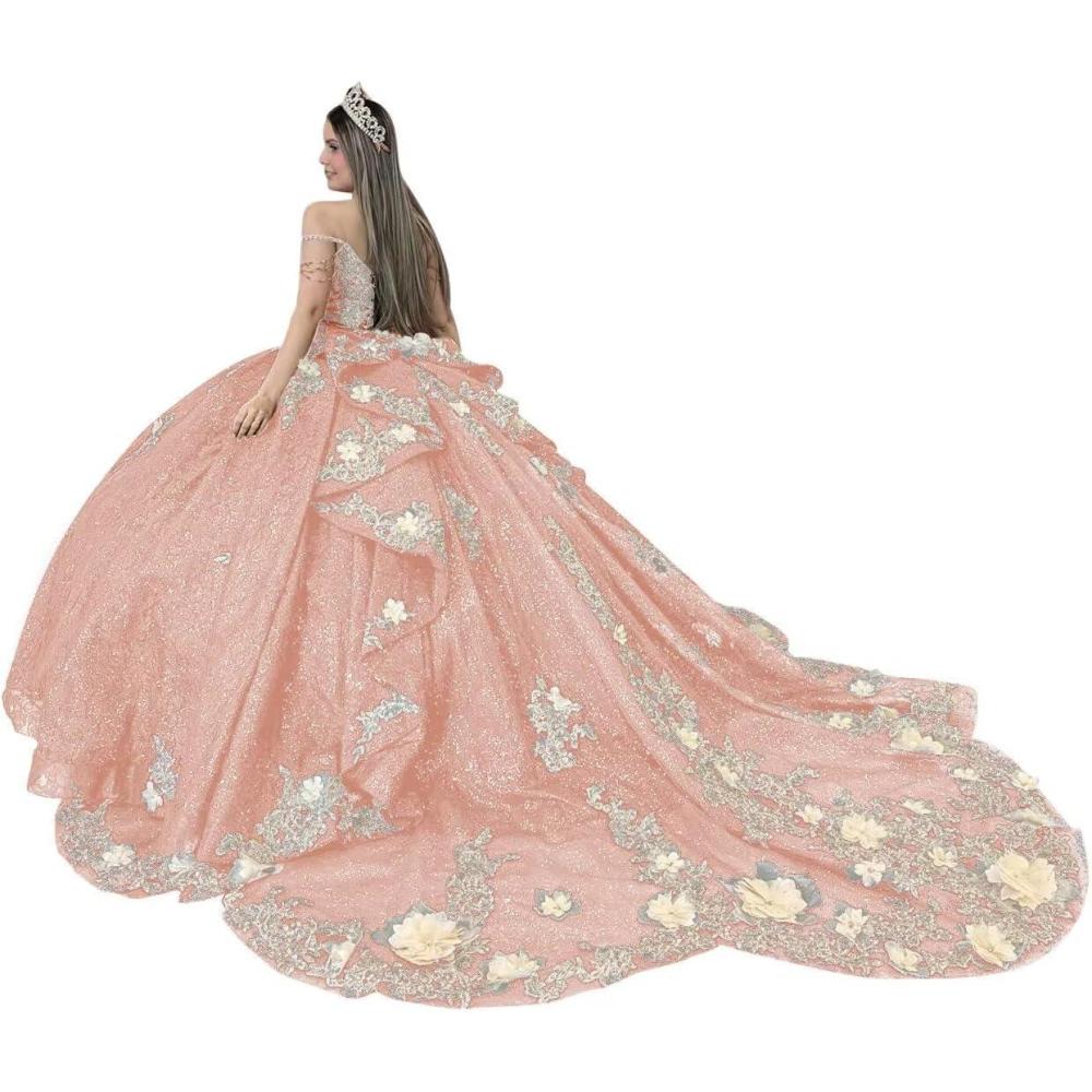 imageYoujiayi Gold Appliques Quinceanera Dresses with Train Spaghetti Strap Lace Sweet 16 Dresses Layered Ruffles Beaded Ball GownRose Gold