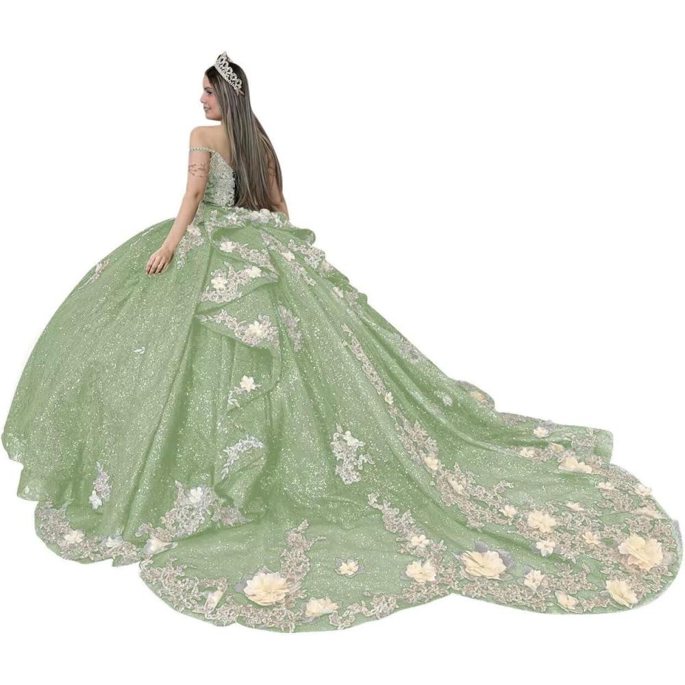 imageYoujiayi Gold Appliques Quinceanera Dresses with Train Spaghetti Strap Lace Sweet 16 Dresses Layered Ruffles Beaded Ball GownSage