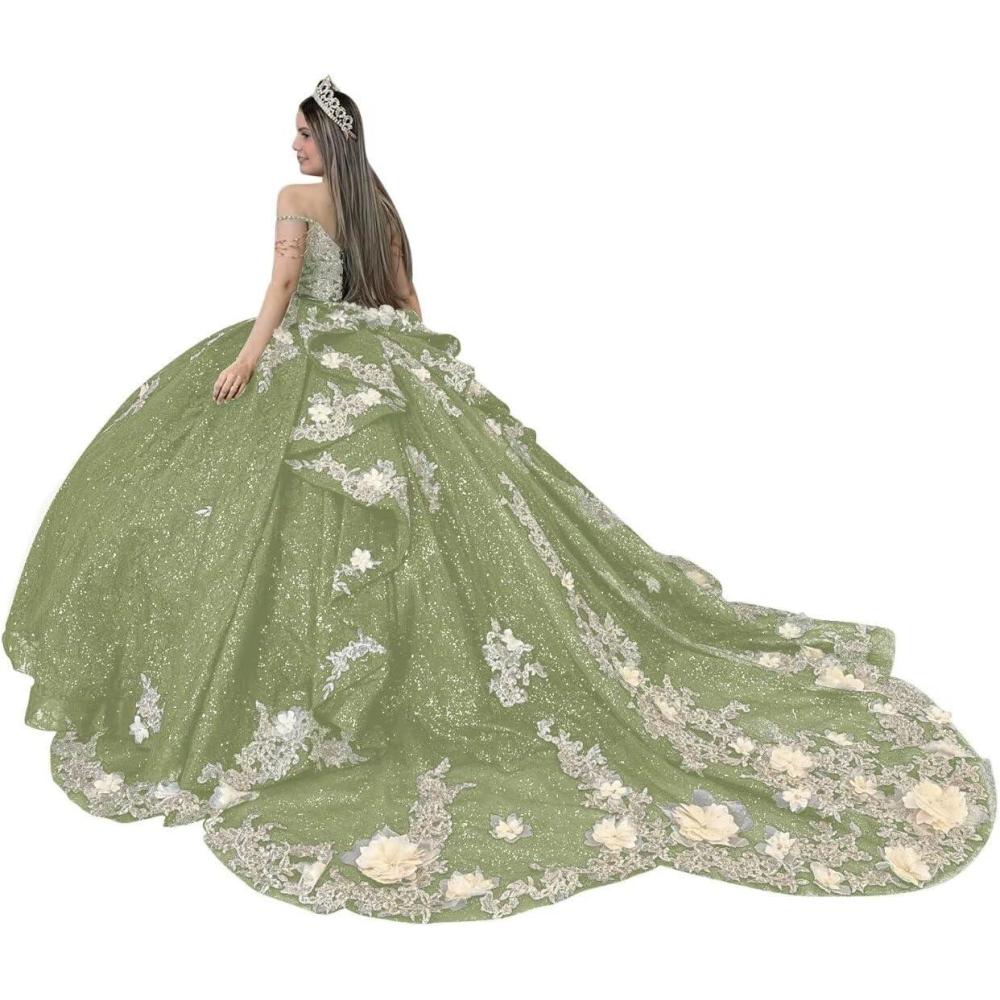 imageYoujiayi Gold Appliques Quinceanera Dresses with Train Spaghetti Strap Lace Sweet 16 Dresses Layered Ruffles Beaded Ball GownSage Green