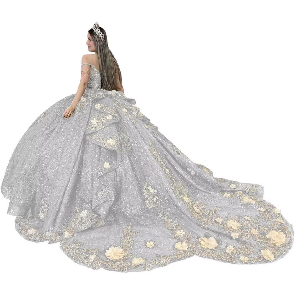 imageYoujiayi Gold Appliques Quinceanera Dresses with Train Spaghetti Strap Lace Sweet 16 Dresses Layered Ruffles Beaded Ball GownSilver