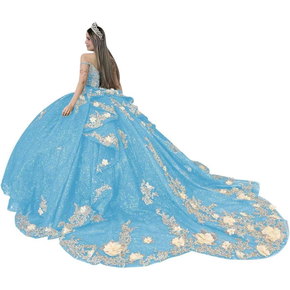imageYoujiayi Gold Appliques Quinceanera Dresses with Train Spaghetti Strap Lace Sweet 16 Dresses Layered Ruffles Beaded Ball GownSky Blue