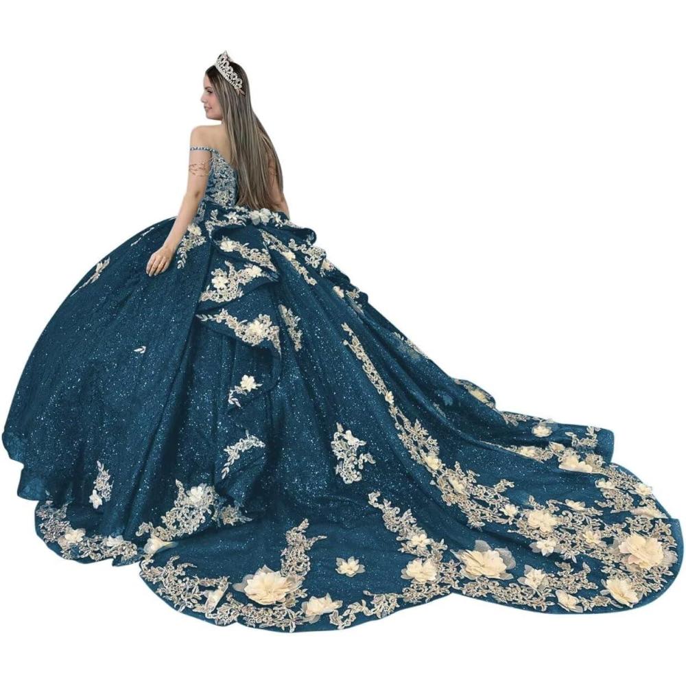 imageYoujiayi Gold Appliques Quinceanera Dresses with Train Spaghetti Strap Lace Sweet 16 Dresses Layered Ruffles Beaded Ball GownTeal
