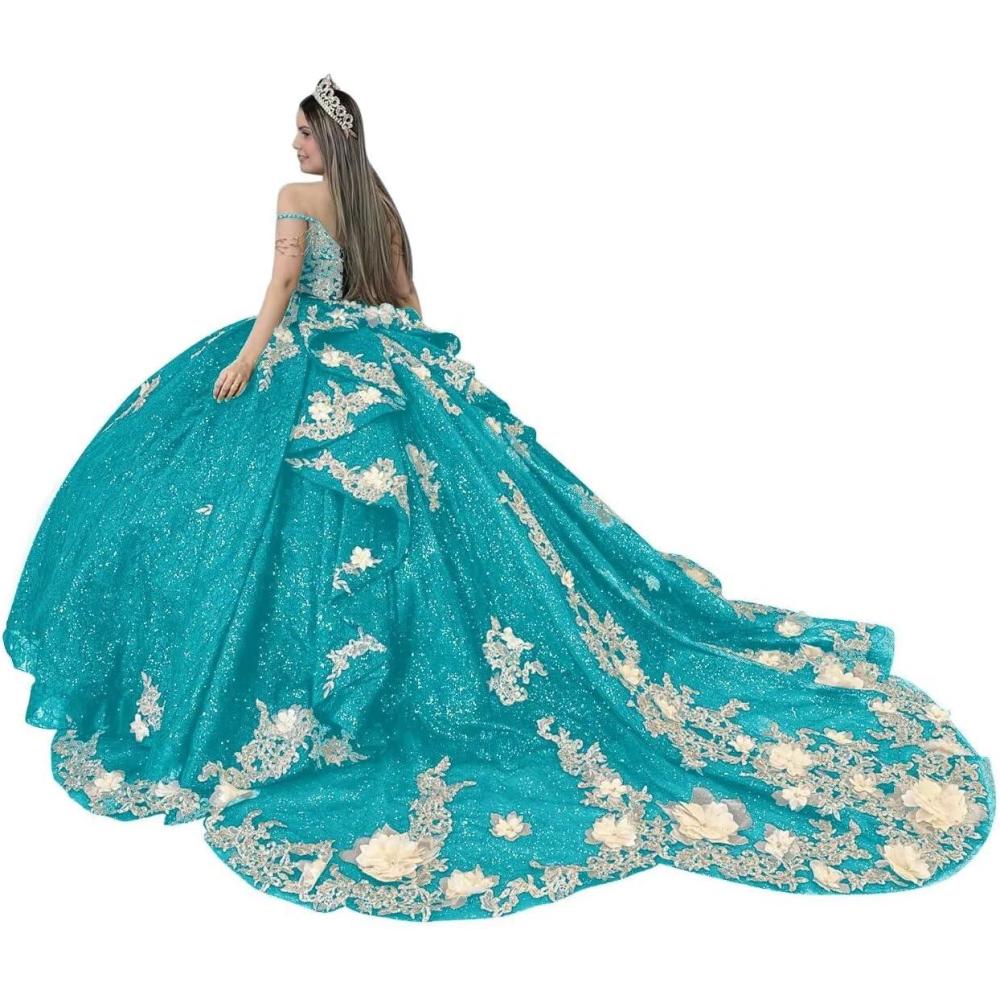 imageYoujiayi Gold Appliques Quinceanera Dresses with Train Spaghetti Strap Lace Sweet 16 Dresses Layered Ruffles Beaded Ball GownTurquoise