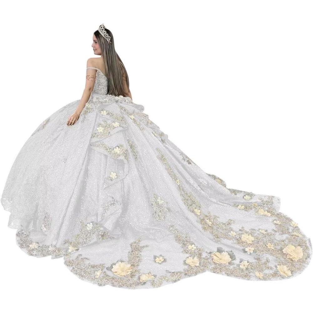 imageYoujiayi Gold Appliques Quinceanera Dresses with Train Spaghetti Strap Lace Sweet 16 Dresses Layered Ruffles Beaded Ball GownWhite