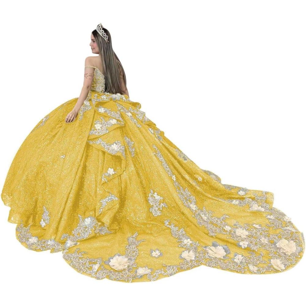 imageYoujiayi Gold Appliques Quinceanera Dresses with Train Spaghetti Strap Lace Sweet 16 Dresses Layered Ruffles Beaded Ball GownYellow Dark