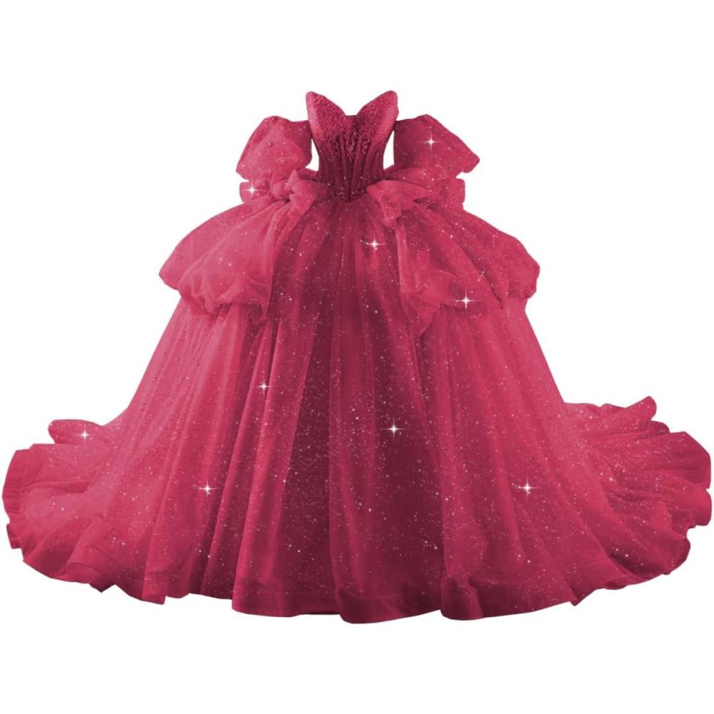imageYoujiayi Lace Beaded Quinceanera Dresses with Sleeves Ruffle Tulle Sweet 16 Dress with Bow Layered Long Ball Gown for WomenBerry