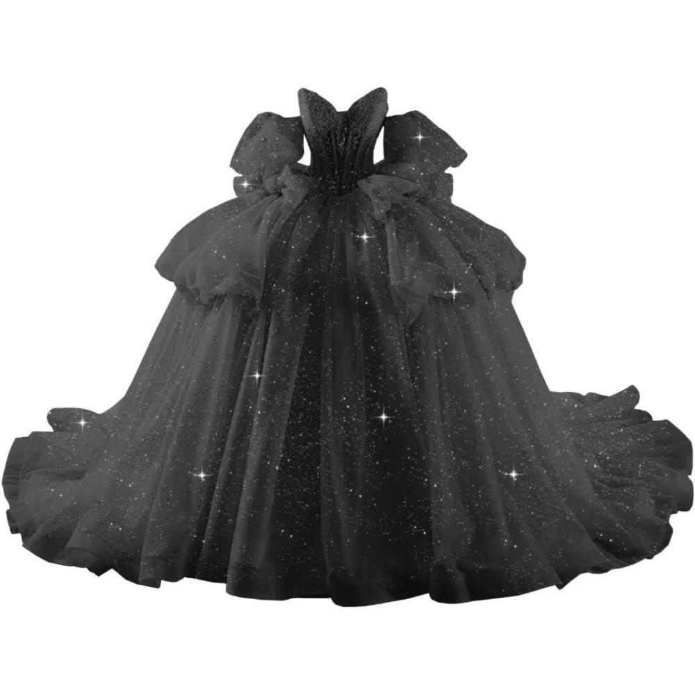 imageYoujiayi Lace Beaded Quinceanera Dresses with Sleeves Ruffle Tulle Sweet 16 Dress with Bow Layered Long Ball Gown for WomenBlack