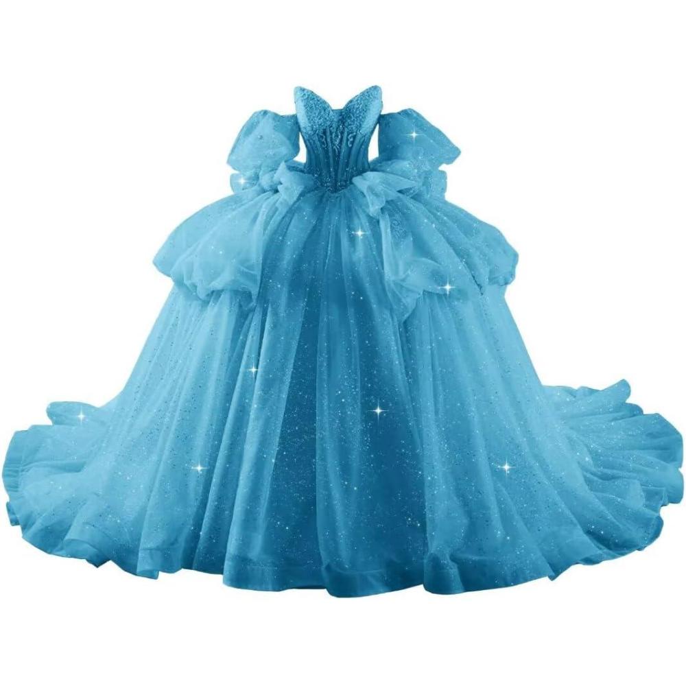 imageYoujiayi Lace Beaded Quinceanera Dresses with Sleeves Ruffle Tulle Sweet 16 Dress with Bow Layered Long Ball Gown for WomenBlue