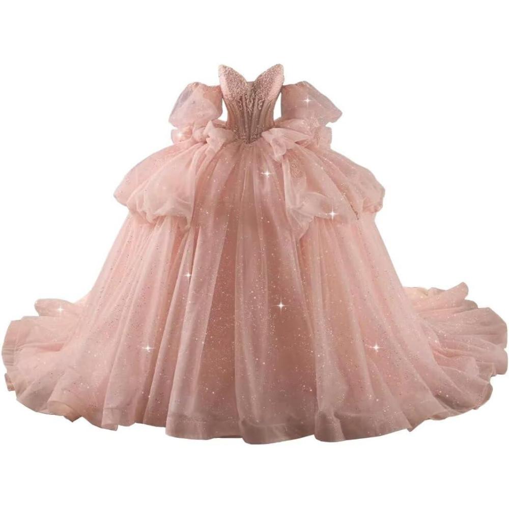 imageYoujiayi Lace Beaded Quinceanera Dresses with Sleeves Ruffle Tulle Sweet 16 Dress with Bow Layered Long Ball Gown for WomenBlush Pink