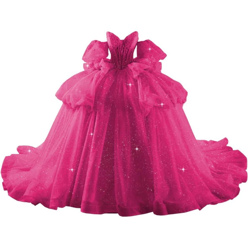 imageYoujiayi Lace Beaded Quinceanera Dresses with Sleeves Ruffle Tulle Sweet 16 Dress with Bow Layered Long Ball Gown for WomenBright Pink