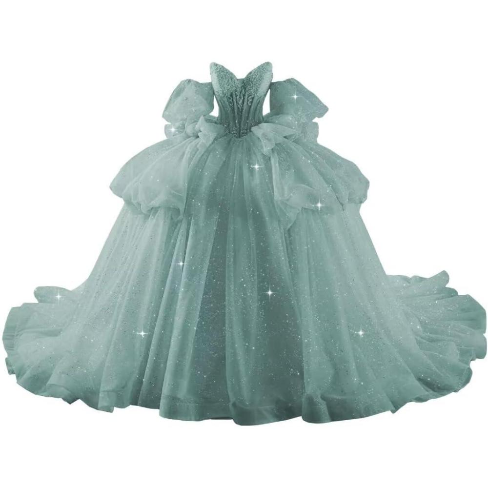 imageYoujiayi Lace Beaded Quinceanera Dresses with Sleeves Ruffle Tulle Sweet 16 Dress with Bow Layered Long Ball Gown for WomenDusty Sage