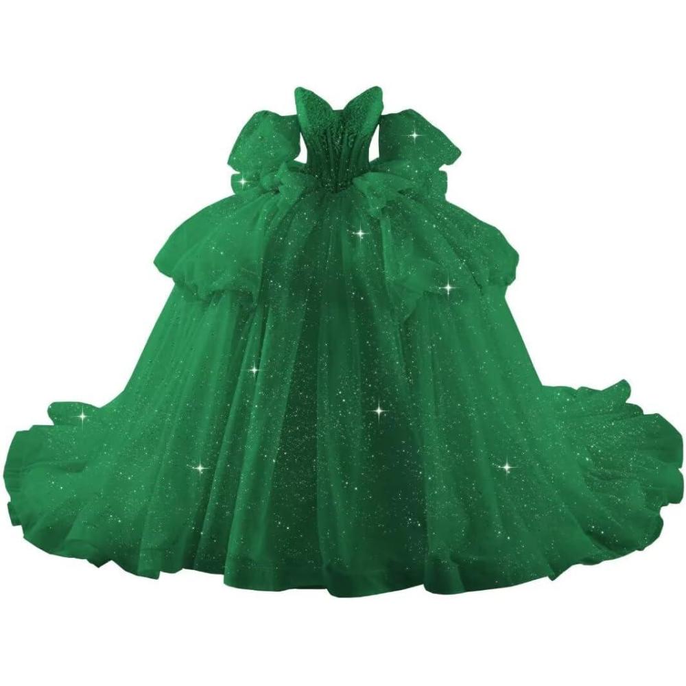 imageYoujiayi Lace Beaded Quinceanera Dresses with Sleeves Ruffle Tulle Sweet 16 Dress with Bow Layered Long Ball Gown for WomenEmerald Green