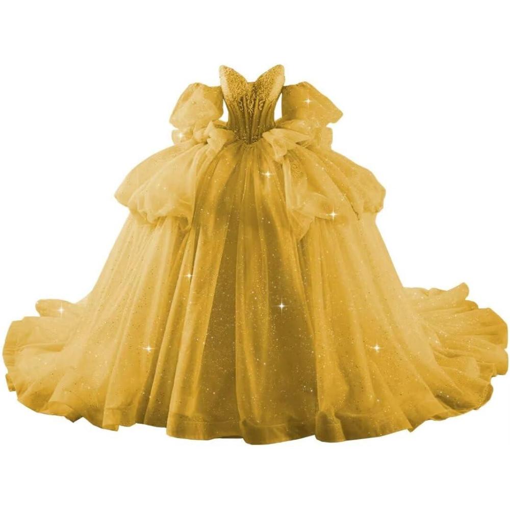 imageYoujiayi Lace Beaded Quinceanera Dresses with Sleeves Ruffle Tulle Sweet 16 Dress with Bow Layered Long Ball Gown for WomenGold
