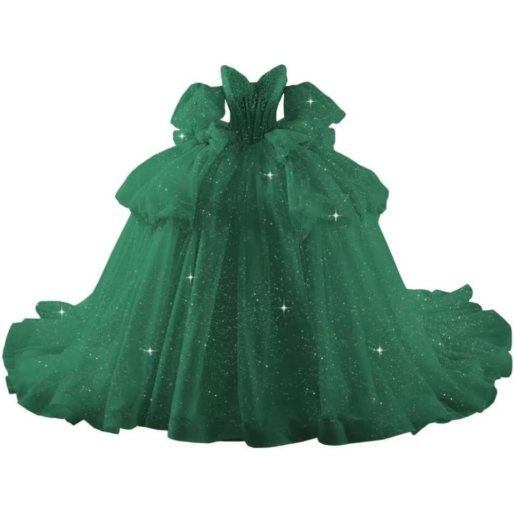 imageYoujiayi Lace Beaded Quinceanera Dresses with Sleeves Ruffle Tulle Sweet 16 Dress with Bow Layered Long Ball Gown for WomenGreen