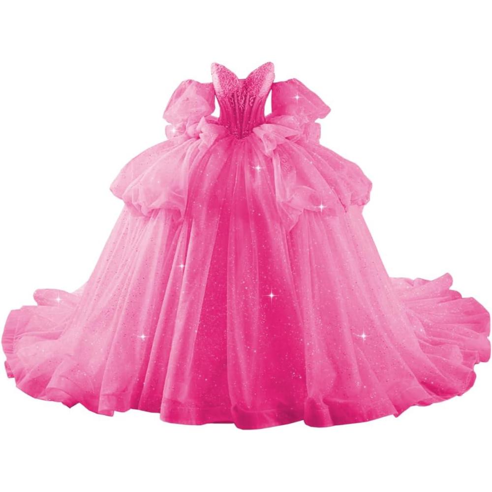 imageYoujiayi Lace Beaded Quinceanera Dresses with Sleeves Ruffle Tulle Sweet 16 Dress with Bow Layered Long Ball Gown for WomenHot Pink