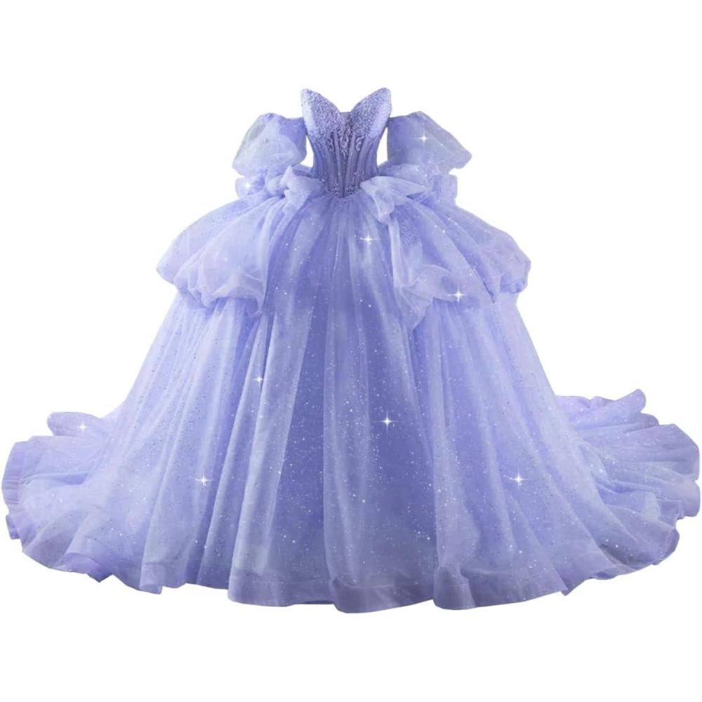 imageYoujiayi Lace Beaded Quinceanera Dresses with Sleeves Ruffle Tulle Sweet 16 Dress with Bow Layered Long Ball Gown for WomenLavender