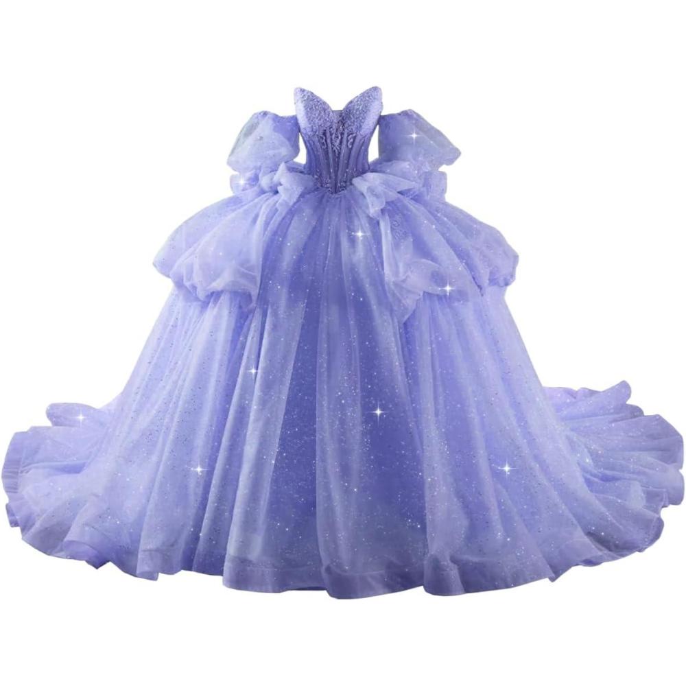 imageYoujiayi Lace Beaded Quinceanera Dresses with Sleeves Ruffle Tulle Sweet 16 Dress with Bow Layered Long Ball Gown for WomenLavender Deep