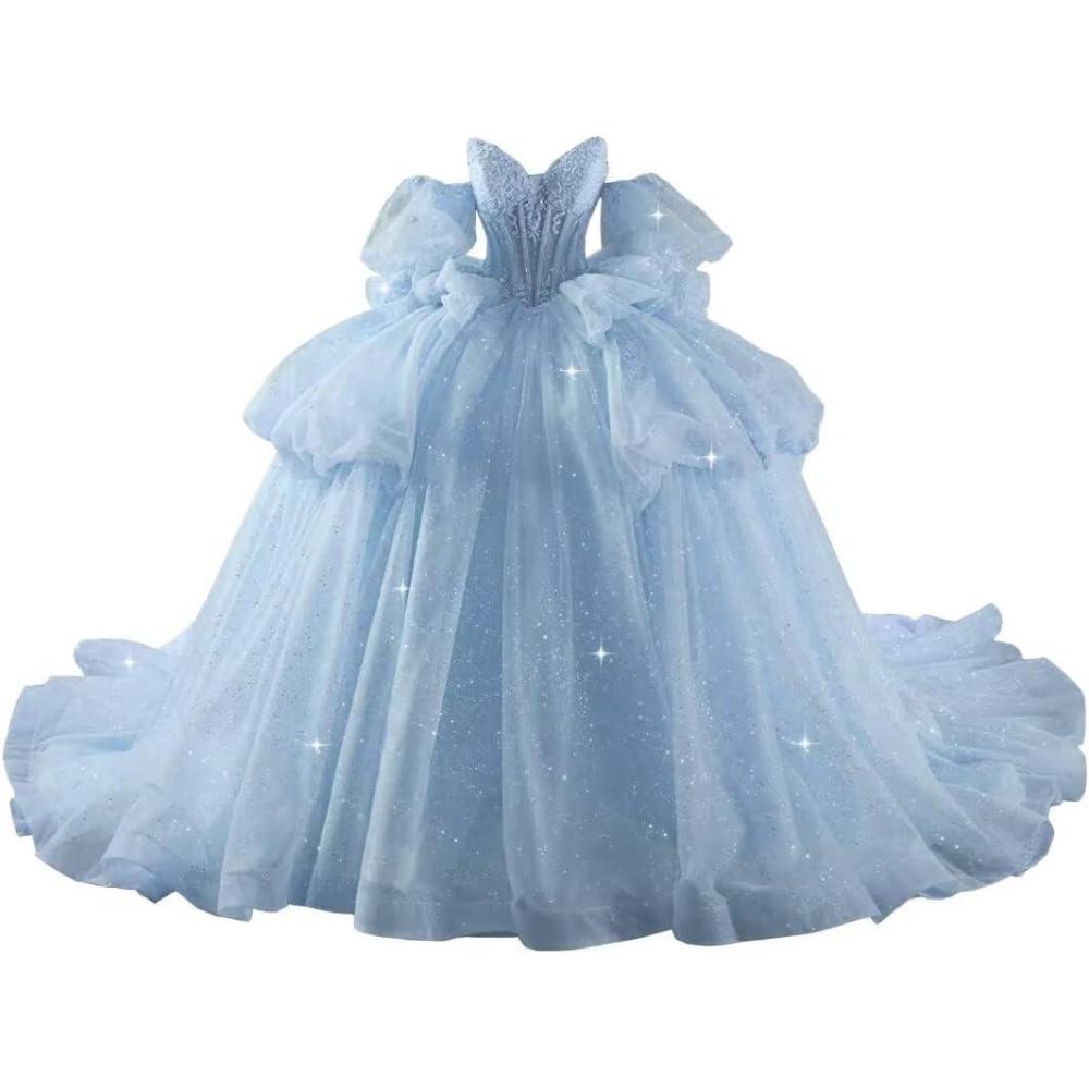 imageYoujiayi Lace Beaded Quinceanera Dresses with Sleeves Ruffle Tulle Sweet 16 Dress with Bow Layered Long Ball Gown for WomenLight Blue