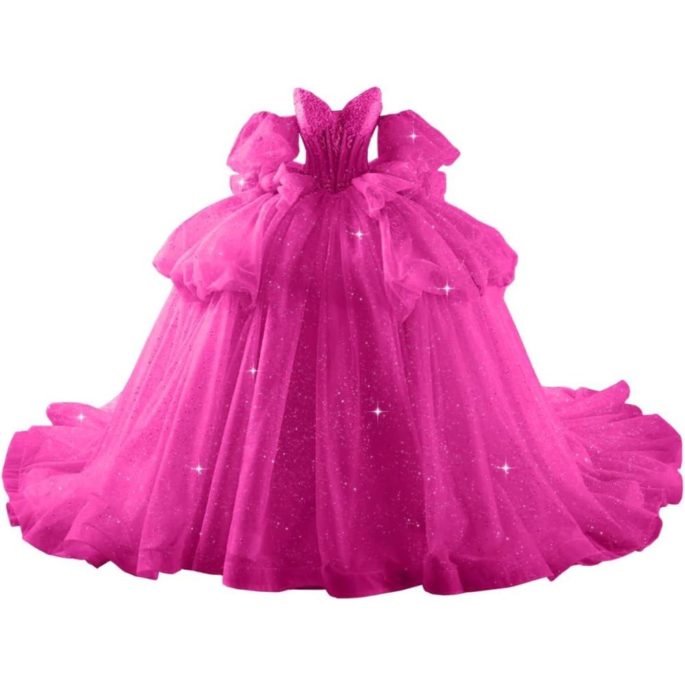 imageYoujiayi Lace Beaded Quinceanera Dresses with Sleeves Ruffle Tulle Sweet 16 Dress with Bow Layered Long Ball Gown for WomenMagenta