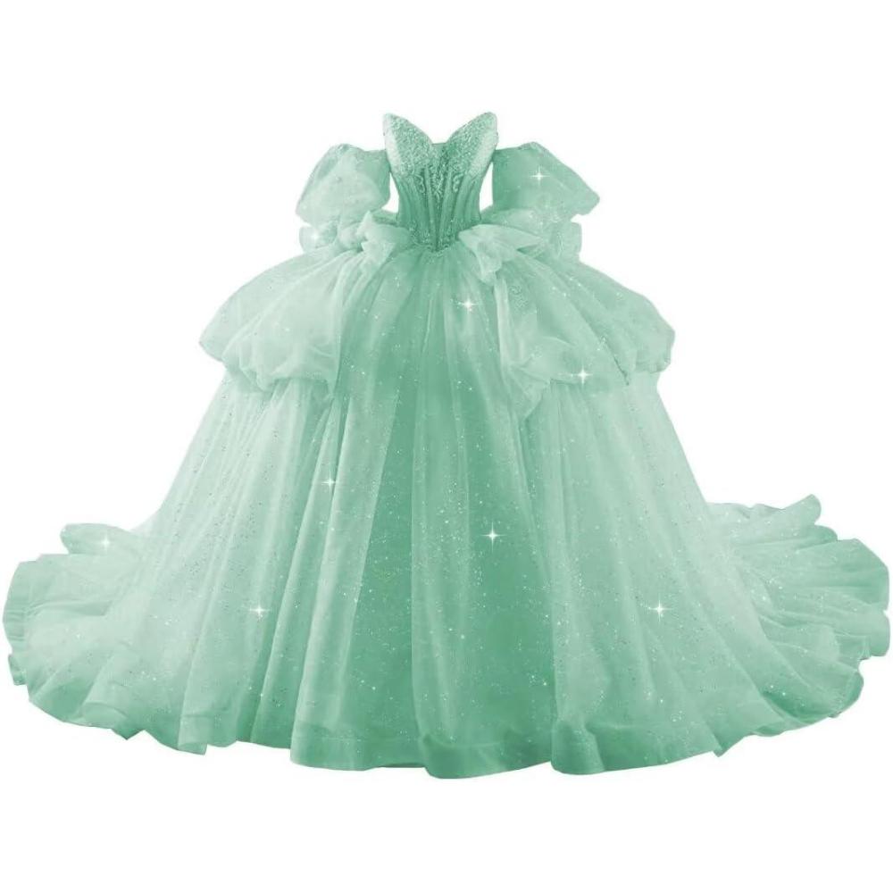imageYoujiayi Lace Beaded Quinceanera Dresses with Sleeves Ruffle Tulle Sweet 16 Dress with Bow Layered Long Ball Gown for WomenMint Green