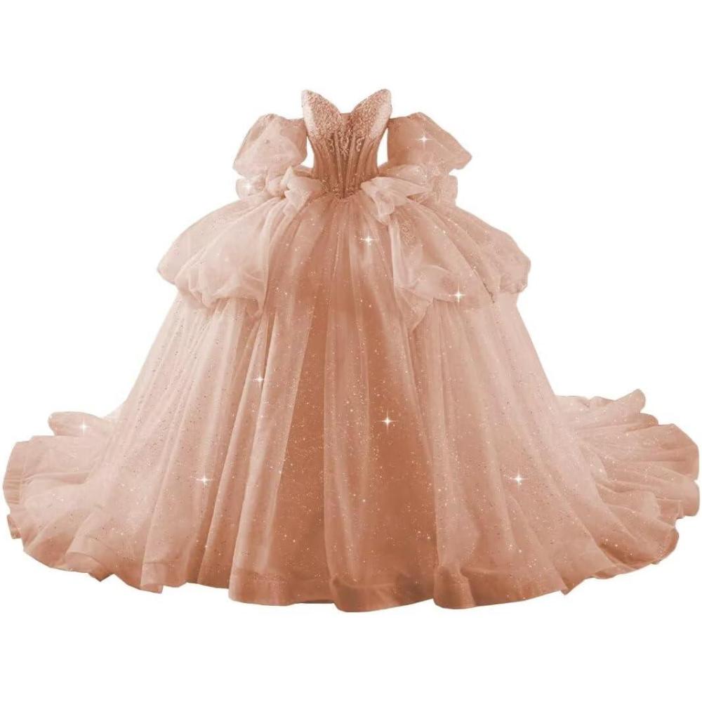 imageYoujiayi Lace Beaded Quinceanera Dresses with Sleeves Ruffle Tulle Sweet 16 Dress with Bow Layered Long Ball Gown for WomenPeach