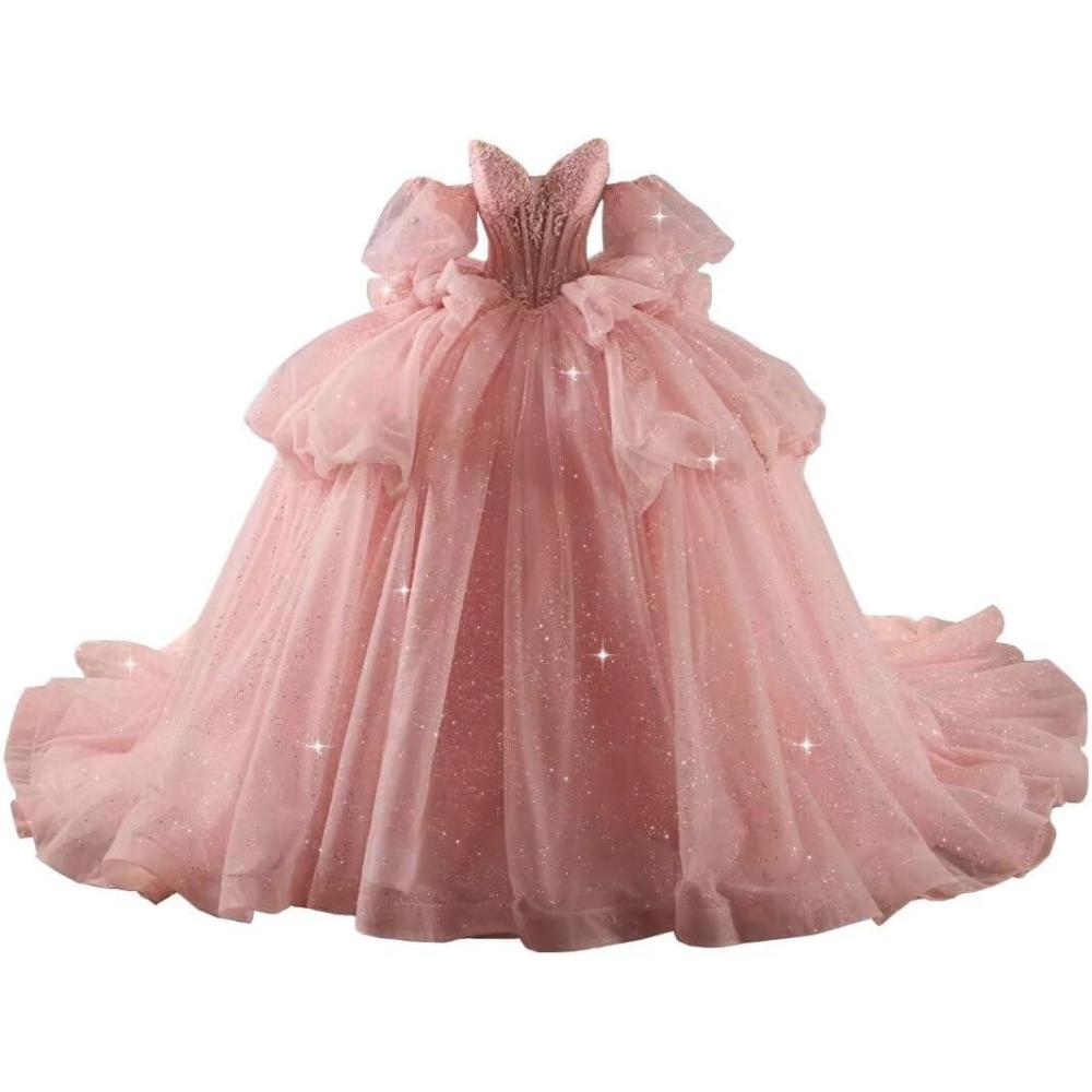 imageYoujiayi Lace Beaded Quinceanera Dresses with Sleeves Ruffle Tulle Sweet 16 Dress with Bow Layered Long Ball Gown for WomenPink