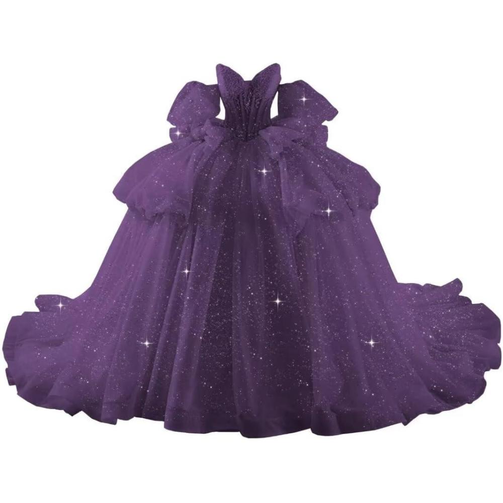 imageYoujiayi Lace Beaded Quinceanera Dresses with Sleeves Ruffle Tulle Sweet 16 Dress with Bow Layered Long Ball Gown for WomenPlum