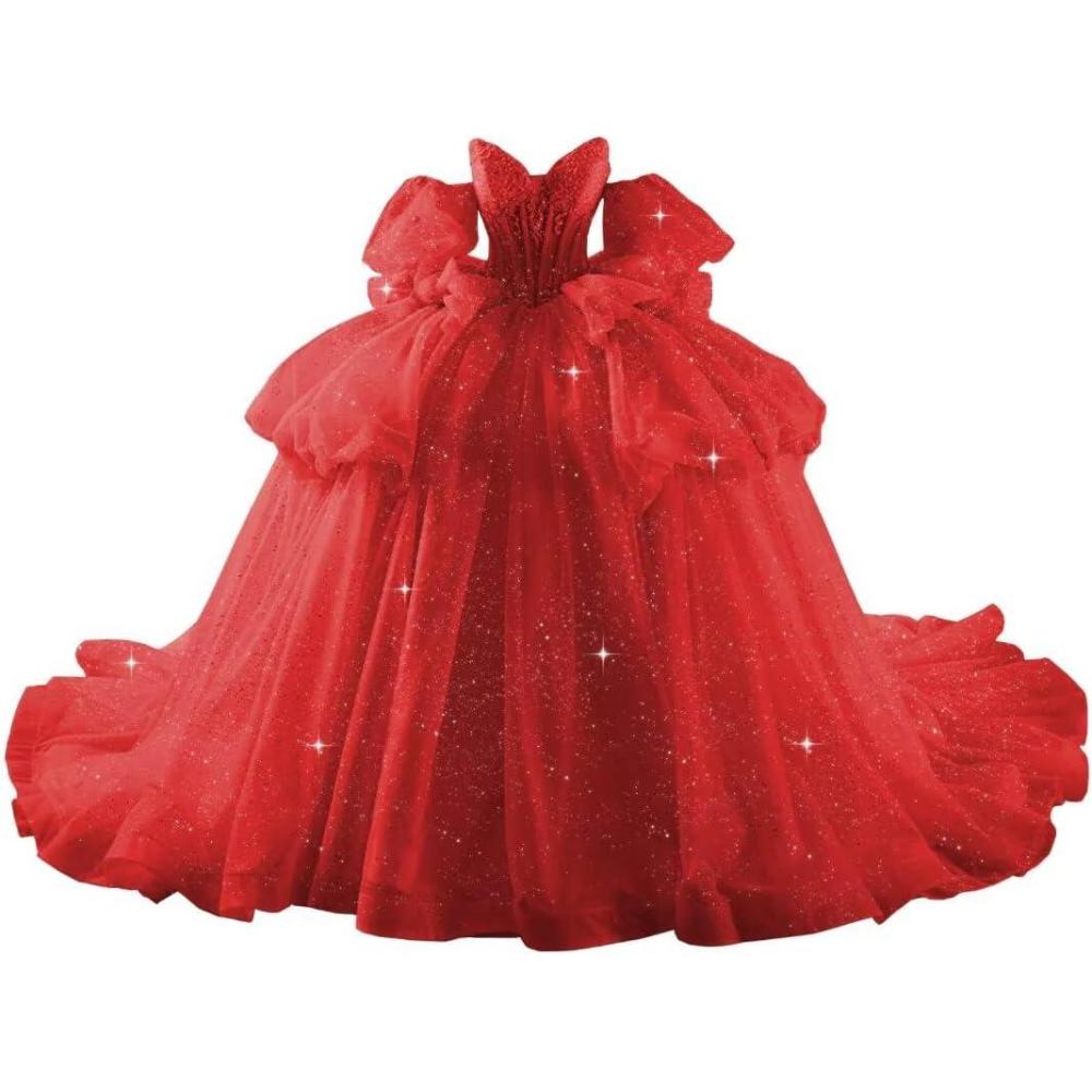 imageYoujiayi Lace Beaded Quinceanera Dresses with Sleeves Ruffle Tulle Sweet 16 Dress with Bow Layered Long Ball Gown for WomenRed