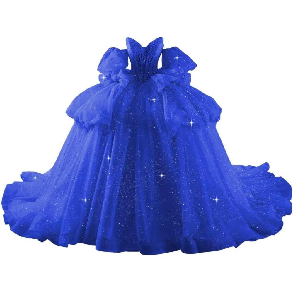 imageYoujiayi Lace Beaded Quinceanera Dresses with Sleeves Ruffle Tulle Sweet 16 Dress with Bow Layered Long Ball Gown for WomenRoyal Blue