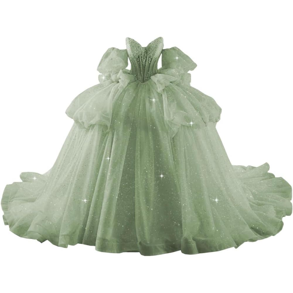 imageYoujiayi Lace Beaded Quinceanera Dresses with Sleeves Ruffle Tulle Sweet 16 Dress with Bow Layered Long Ball Gown for WomenSage
