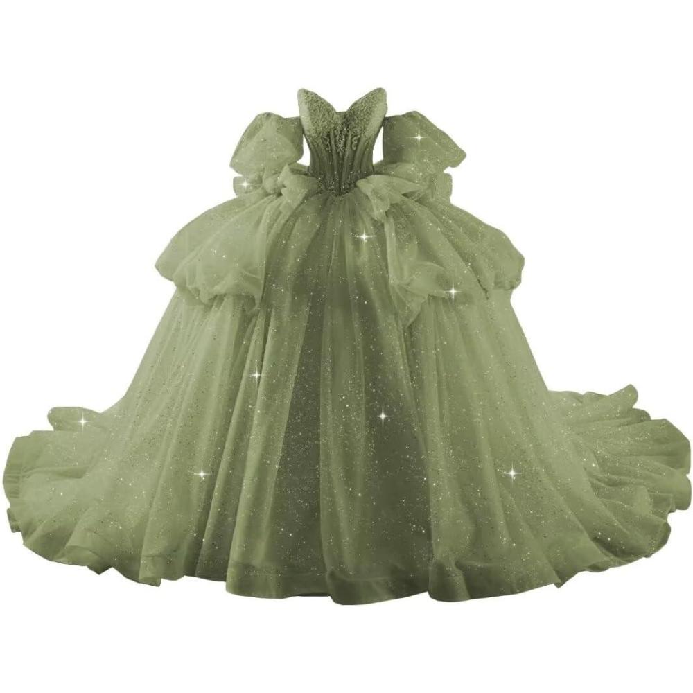 imageYoujiayi Lace Beaded Quinceanera Dresses with Sleeves Ruffle Tulle Sweet 16 Dress with Bow Layered Long Ball Gown for WomenSage Green