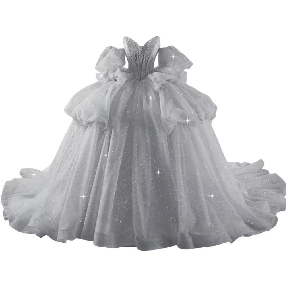 imageYoujiayi Lace Beaded Quinceanera Dresses with Sleeves Ruffle Tulle Sweet 16 Dress with Bow Layered Long Ball Gown for WomenSilver