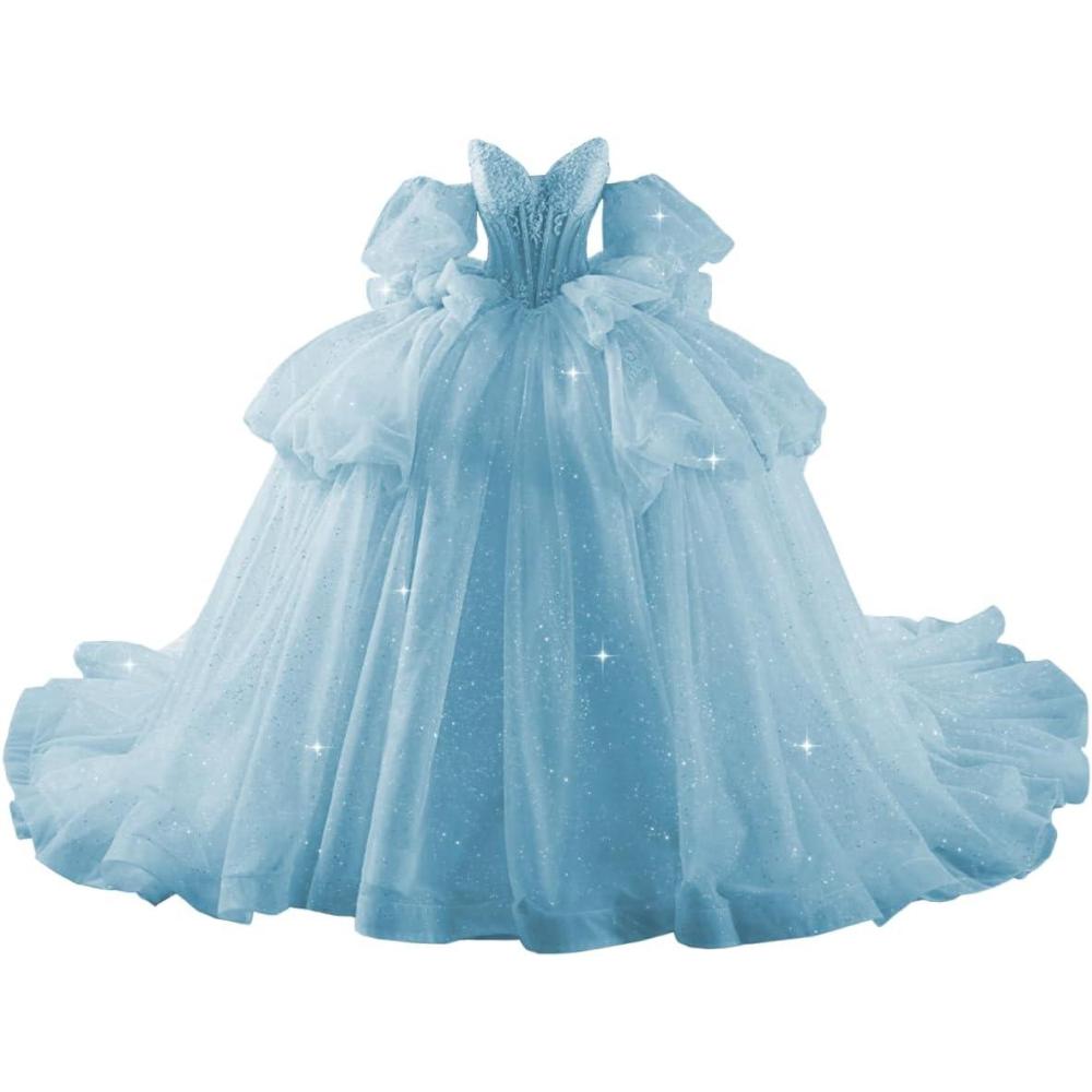 imageYoujiayi Lace Beaded Quinceanera Dresses with Sleeves Ruffle Tulle Sweet 16 Dress with Bow Layered Long Ball Gown for WomenSky Blue